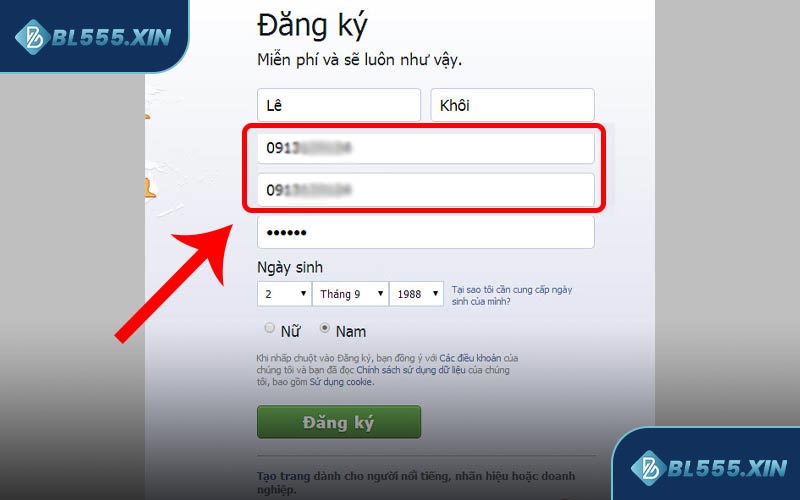 Lỗi đăng ký BL555 -Lỗi mật khẩu không khớp
